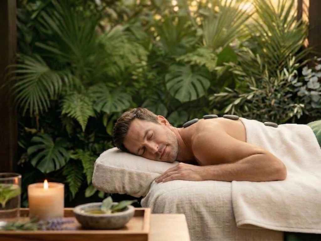A relaxing spa scene with warm candlelight and greenery